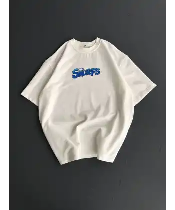 Ön ve Arka Baskılı Oversize Bisiklet Yaka T-shirt- Beyaz