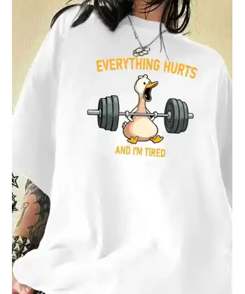 Ördek Baskılı ve Yuvarlak Yakalı Kadın Günlük Büyük Boy Siyah Tişört. - Beyaz