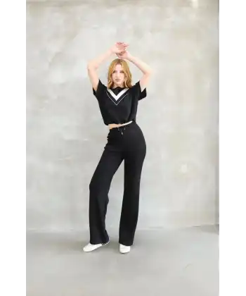 Osy Modal Yumuşak dokulu Kumaş Bisiklet Yaka Parçalı detaylı Kısa Kollu Takım - Siyah