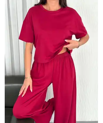 Osy Modal Yumuşak Dokulu Kumaş Bisiklet Yaka T-shirt Bol paça Pantalon ikili Takım -Bordo