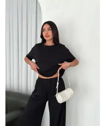 Osy Modal Yumuşak Dokulu Kumaş Bisiklet Yaka T-shirt Bol paça Pantalon ikili Takım -Siyah