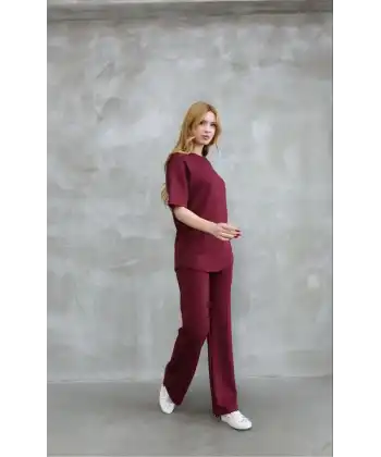 Osy Modal Yumuşak dokulu Kumaş Bisiklet Yaka Taş detaylı Kısa Kollu Takım - Bordo