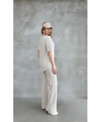 Osy Modal Yumuşak dokulu Kumaş Bisiklet Yaka Taş detaylı Kısa Kollu Takım - Kırık Beyaz