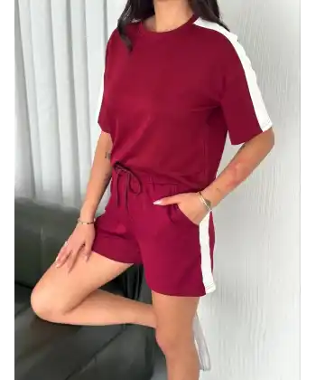 Osy Modal yumuşak dokulu Kumaş Kadın Parçalı Bisiklet Yaka T-shirt Kısa Şort İkili Takım - Bordo