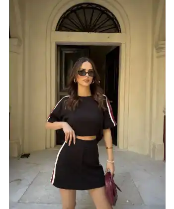 Osy Modal yumuşak dokulu Kumaş Kadın Parçalı Bisiklet Yaka T-shirt Mini Şortlu Etek İkili Takım - Siyah