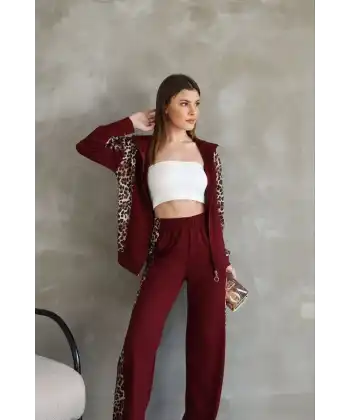 Osy Modal Yumuşak Dokulu Kumaş Kapüşonlu Leopar Desenli Fermuarlı Takım - Bordo