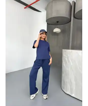 Osy Modal Yumuşak Dokulu Kumaş Kısa Kollu Bluz Rahat Pantalon ikili Takım- Lacivert