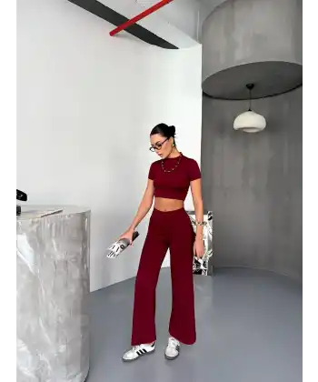 Osy Modal Yumuşak Dokulu Kumaş Kısa Kollu Crop Alt ispanyol Paça Pantalon ikili Takım - Bordo