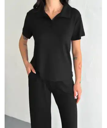 Osy Modal Yumuşak Dokulu Kumaş Kısa Kollu Yakalı T-shirt Pantalon ikili Takım- Siyah