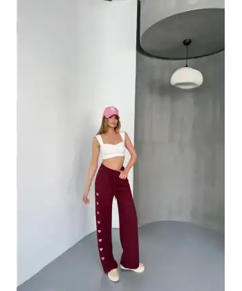 Osy Modal Yumuşak Dokulu Kumaş Nakış işlemeli Rahat Bol Paça Eşofman Pantalon - Bordo