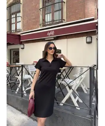 Osy Modal Yumuşak Dokulu Kumaş Yakalı Kısa Kollu Elbise - Siyah