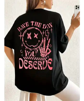 Oversize Kadın Karikatür Baskılı Yuvarlak Yaka Düşük Omuz Kısa Kollu Tişört Büyük Beden- Siyah