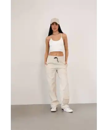 Paraşüt Kumaş Kargo Ceplı Baggy Eşofman- Bej