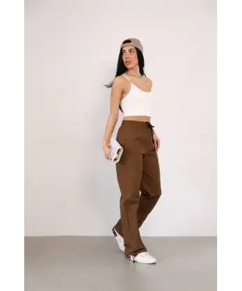 Praşut Kumaş Paça Cepli Baggy Eşofman - Kahve