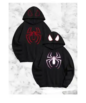 Sevgili Çift Kombini Örümcek Baskılı Kapüşonlu Sweatshirt Hoodie - Siyah
