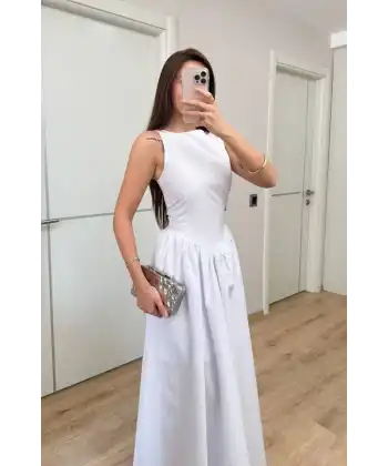 Sifir Kol Beli Oturtmalı Kolsuz Uzun Elbise - Beyaz