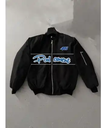 Siyah Parliament Bomber Mont – 46 Numara Detaylı, Fermuarlı, Cepli, Uzun Kollu, Spor ve Günlük Giyim İçin Rahat Unisex Mont - Siyah