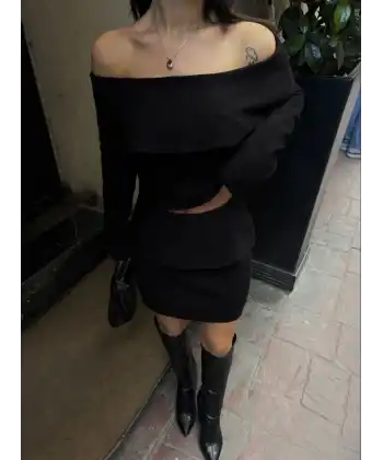 Straplez , Madonna , Carmen Yaka Croplu Mini Etekli ikili Takım Triko - Siyah