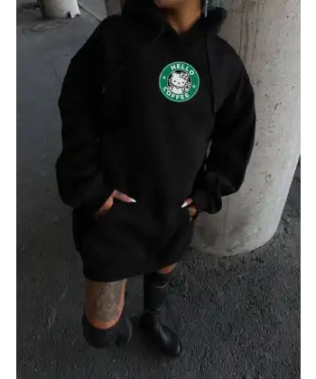 Üç İplik Penye Uzun Kol Kapüşonlu SweatShirt - Siyah