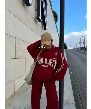 Üç İplik Yakalı Sweat Baggy Pantalonlu Takım - Bordo