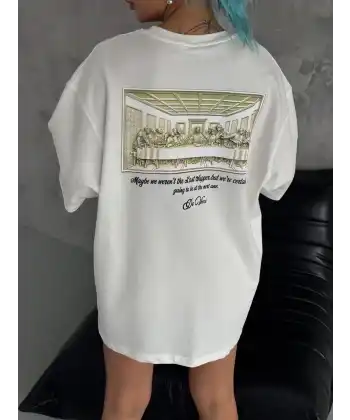 Unisex Baskılı Oversize T-Shirt - Beyaz