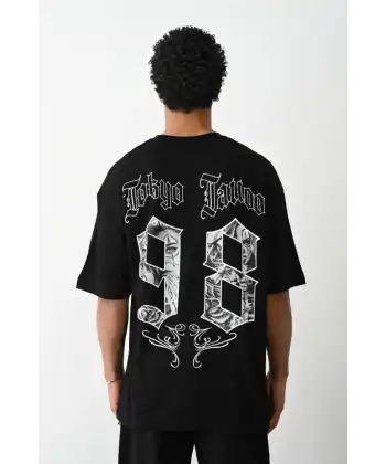 Unisex Baskılı Oversize T-Shirt - Siyah