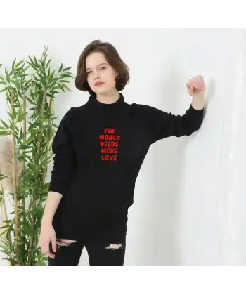 Unisex Bisiklet Yaka Baskılı Dokuma Triko - Siyah