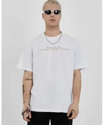 Unisex Bisiklet Yaka Baskılı Oversize T-Shirt - Beyaz