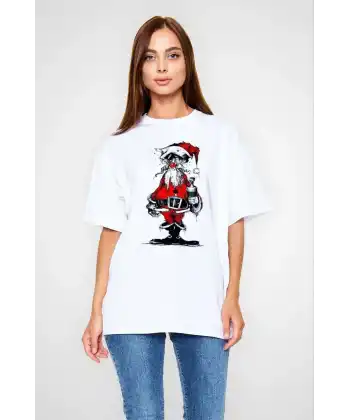 Unisex Bisiklet Yaka Baskılı Oversize T-Shirt - Beyaz