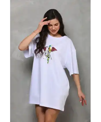 Unisex Bisiklet Yaka Baskılı Oversize T-Shirt - Beyaz