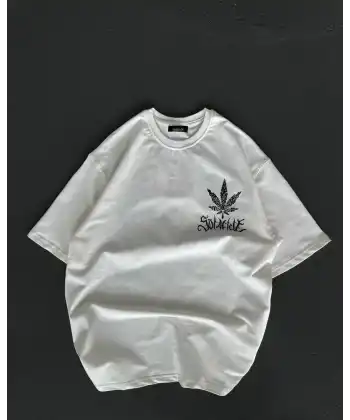 Unisex Bisiklet Yaka Baskılı Oversize T-Shirt - Beyaz