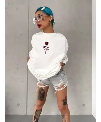 Unisex Bisiklet Yaka Baskılı Oversize T-Shirt - Beyaz