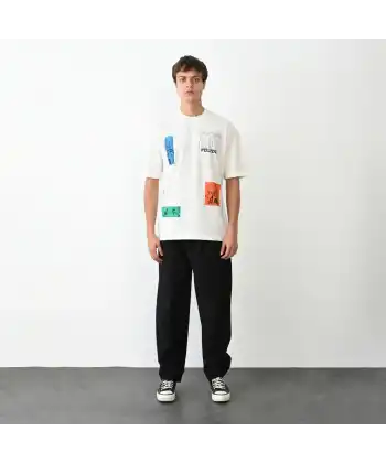 Unisex Bisiklet Yaka Baskılı Oversize T-Shirt - Beyaz