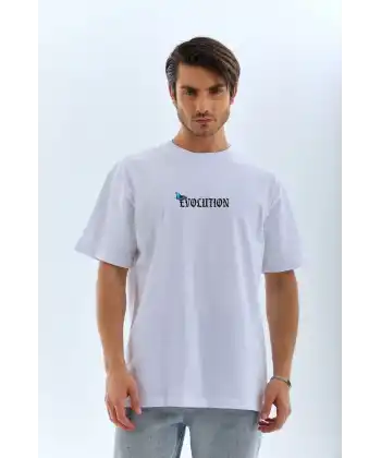 Unisex Bisiklet Yaka Baskılı Oversize T-Shirt - Beyaz