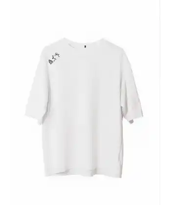 Unisex Bisiklet Yaka Baskılı Oversize T-Shirt - Beyaz