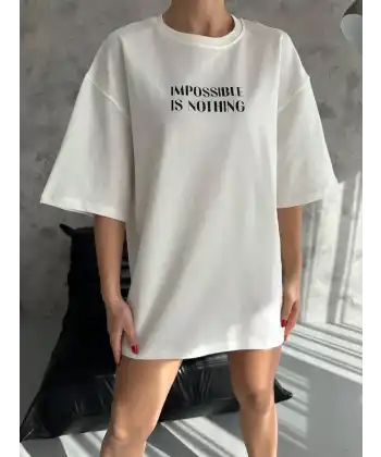 Unisex Bisiklet Yaka Baskılı Oversize T-Shirt - Beyaz