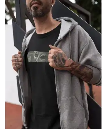 Unisex Bisiklet Yaka Baskılı Oversize T-Shirt - Siyah