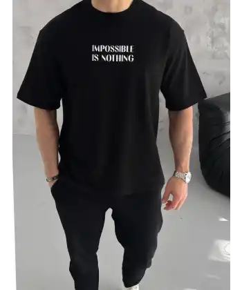 Unisex Bisiklet Yaka Baskılı Oversize T-Shirt - Siyah