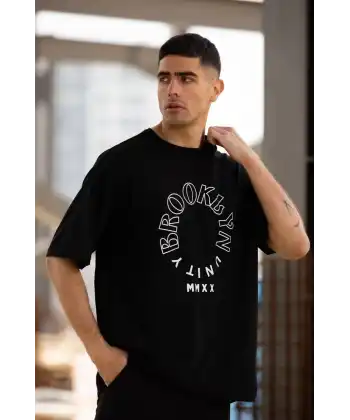 Unisex Bisiklet Yaka Baskılı Oversize T-Shirt - Siyah