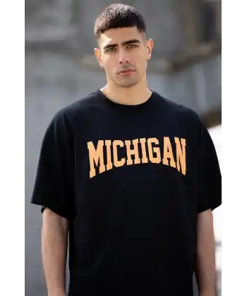 Unisex Bisiklet Yaka Baskılı Oversize T-Shirt - Siyah