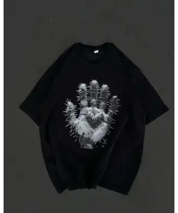 Unisex Bisiklet Yaka Baskılı Oversize T-Shirt - Siyah