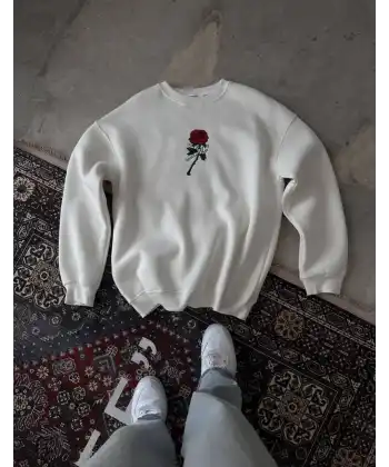 Unisex Bisiklet Yaka Ön Ve Arka Baskılı SweatShirt - Beyaz