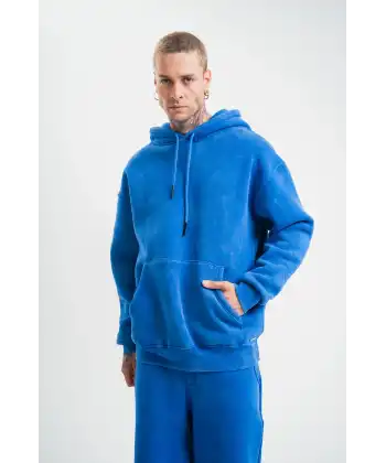 Unisex Double Oversize Kapşonlu Yıkamalı SweatShirt - Mavi