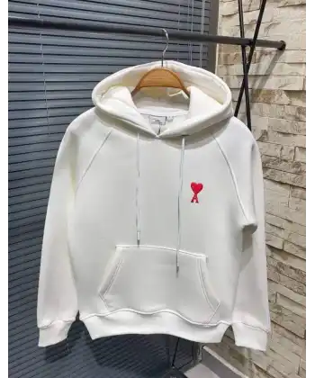 Unisex Kapşonlu Baskılı Sweetshirt - Beyaz