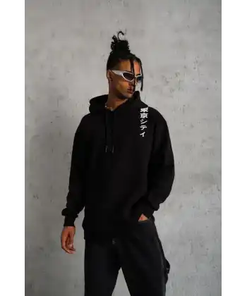 Unisex Kapşonlu Uzun Kol Baskılı Sweetshirt - Siyah