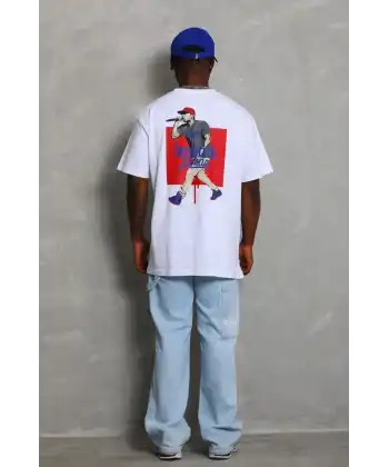 Unisex Oversize Baskılı Bisiklet Yaka T-Shirt - Beyaz