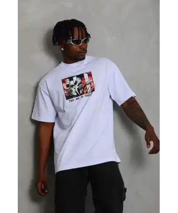 Unisex Oversize Baskılı Bisiklet Yaka T-Shirt - Beyaz