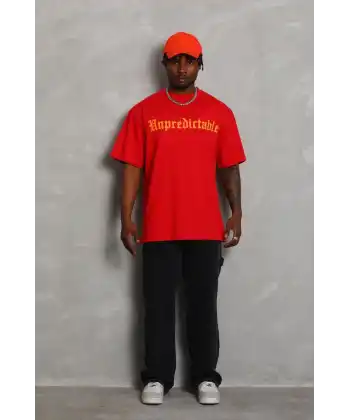 Unisex Oversize Baskılı Bisiklet Yaka T-Shirt - Kırmızı