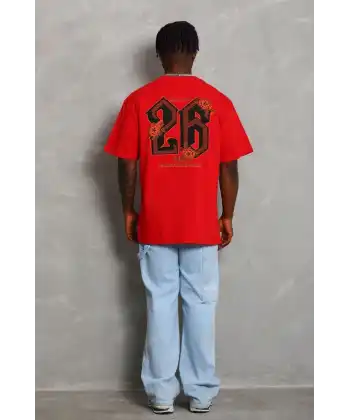 Unisex Oversize Baskılı Bisiklet Yaka T-Shirt - Kırmızı