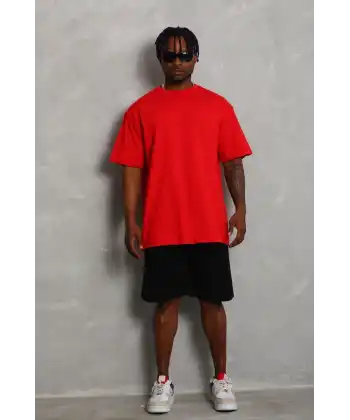 Unisex Oversize Düz Bisiklet Yaka T-Shirt - Kırmızı